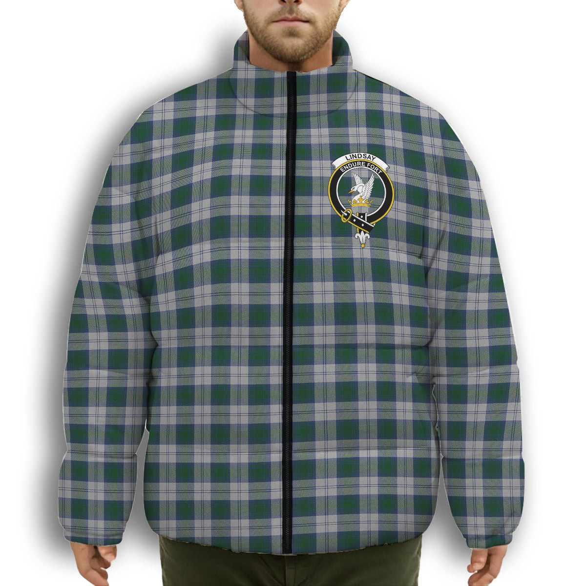 ScotsTee Shop Scottish Lindsay Dress Crest Tartan Collar Down Jacket Winter White Duck Down Plaid