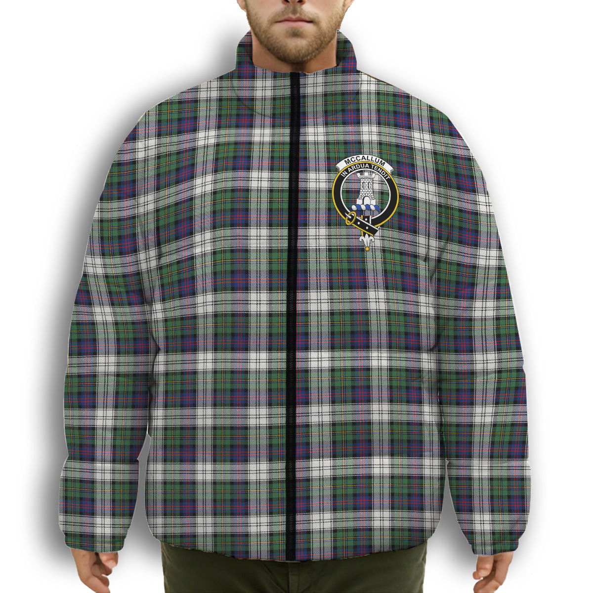 ScotsTee Shop Scottish McCallum Dress Modern Crest Tartan Collar Down Jacket Winter White Duck Down Plaid