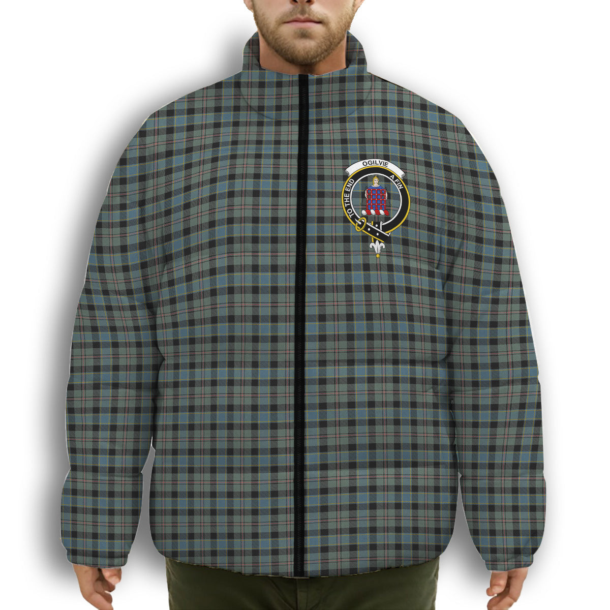 ScotsTee Shop Scottish Ogilvie of Inverarity – VS 1 Crest Tartan Collar Down Jacket Winter White Duck Down Plaid