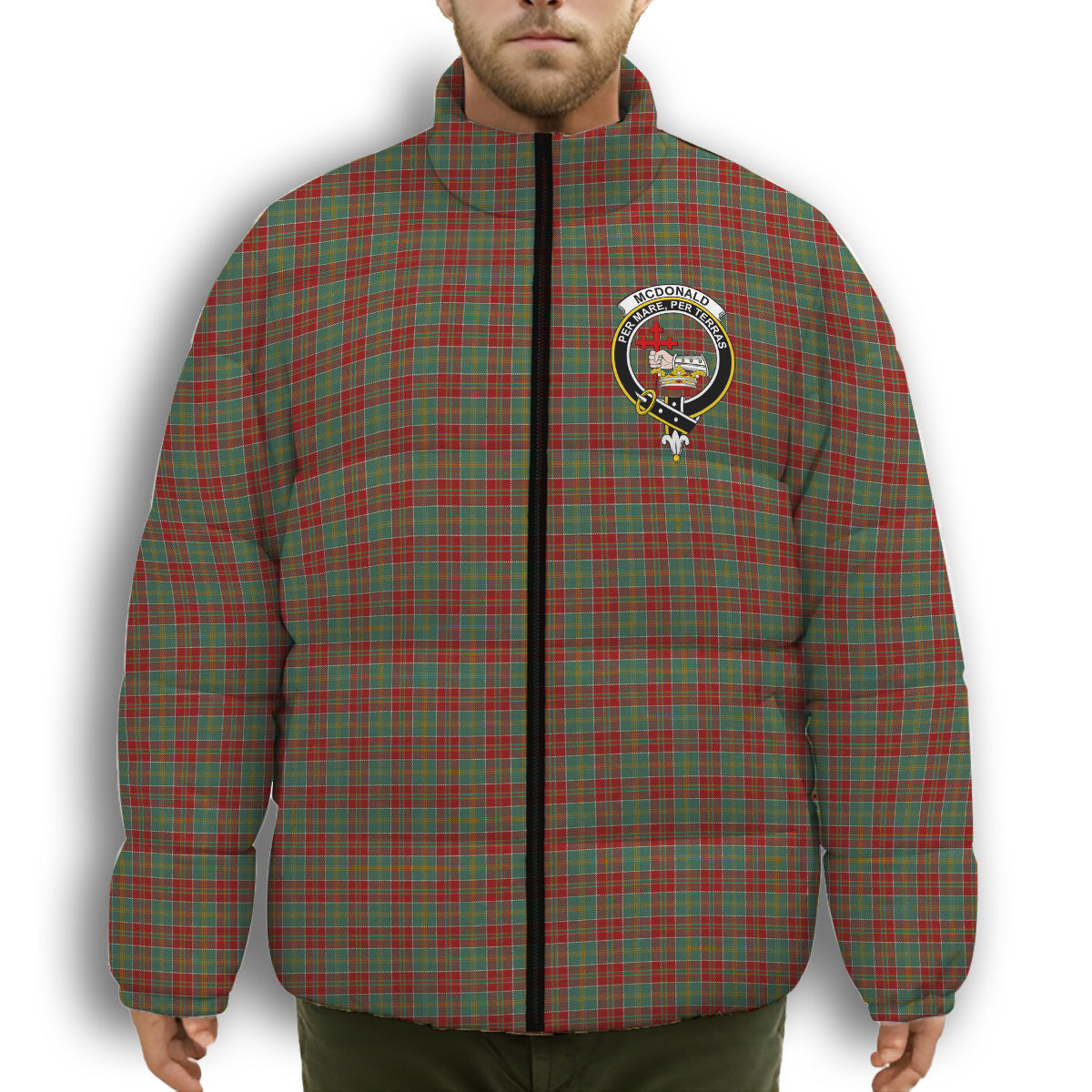 ScotsTee Shop Scottish McDonald of Kingsburgh Crest Tartan Collar Down Jacket Winter White Duck Down Plaid