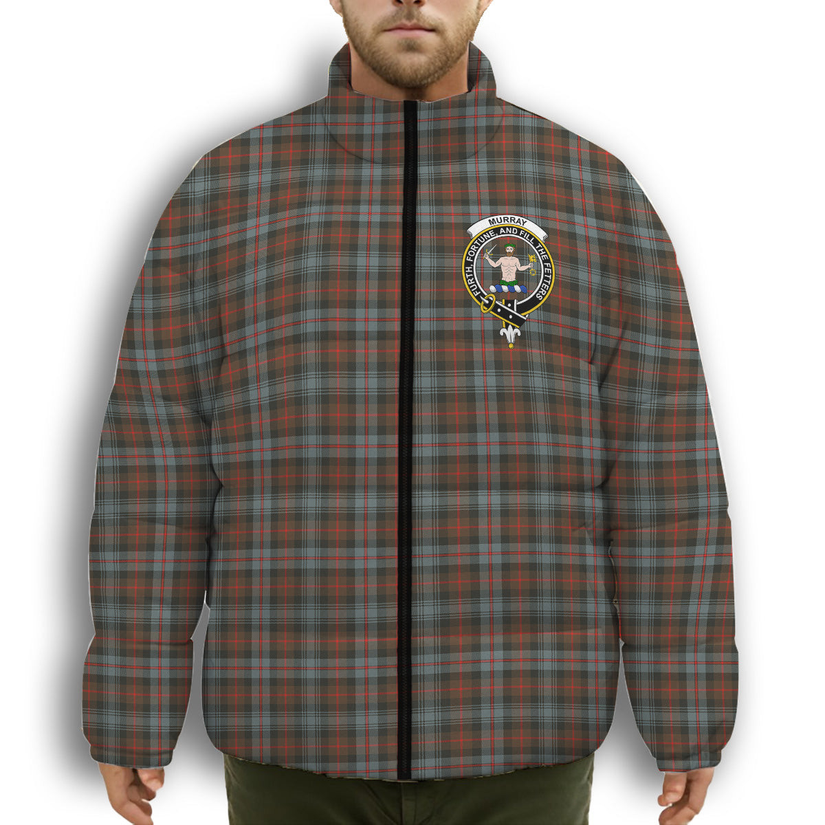 ScotsTee Shop Scottish Murray of Atholl Weathered Crest Tartan Collar Down Jacket Winter White Duck Down Plaid