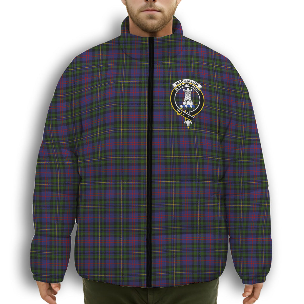ScotsTee Shop Scottish MacCallum of Berwick Crest Tartan Collar Down Jacket Winter White Duck Down Plaid
