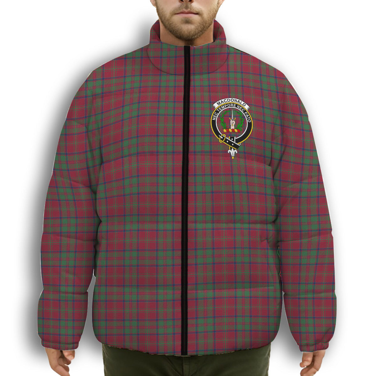 ScotsTee Shop Scottish MacDonald of Glencoe Modern Crest Tartan Collar Down Jacket Winter White Duck Down Plaid