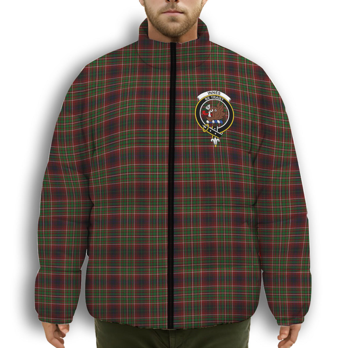 ScotsTee Shop Scottish Innes of Cowie Crest Tartan Collar Down Jacket Winter White Duck Down Plaid