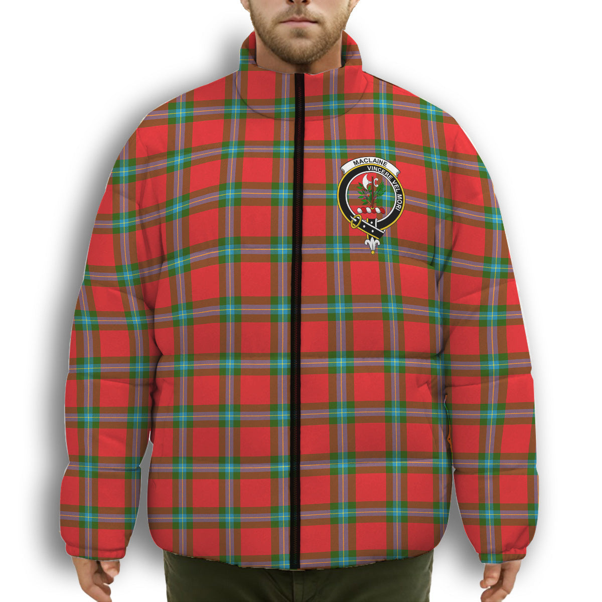 ScotsTee Shop Scottish MacLaine of Loch Buie Crest Tartan Collar Down Jacket Winter White Duck Down Plaid