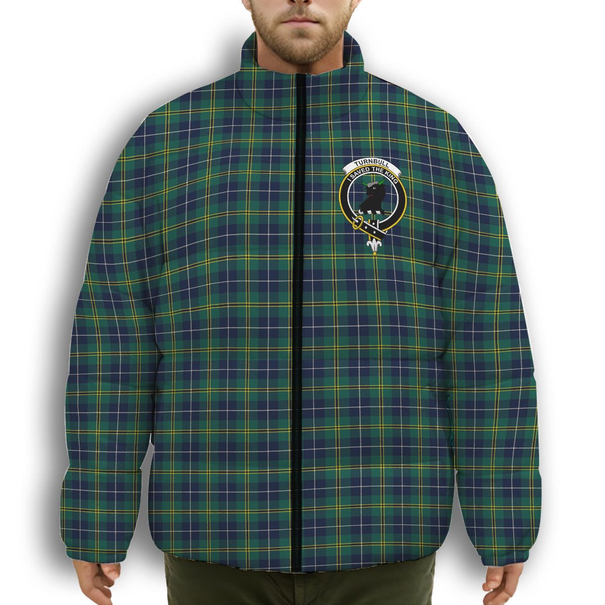 ScotsTee Shop Scottish Turnbull Hunting Modern Clan Crest Tartan Collar Down Jacket Winter White Duck Down Plaid