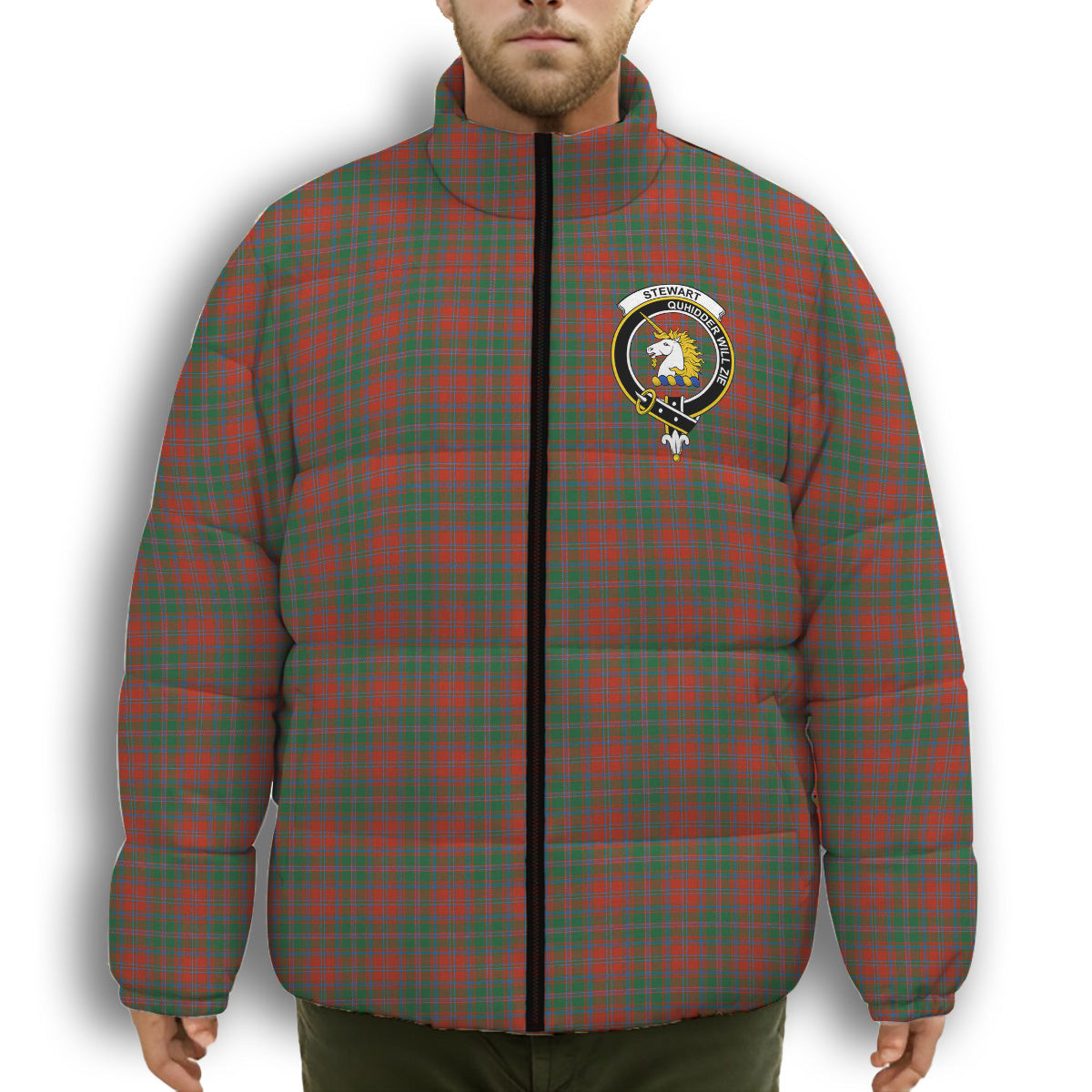 ScotsTee Shop Scottish Stewart of Appin Ancient Clan Crest Tartan Collar Down Jacket Winter White Duck Down Plaid