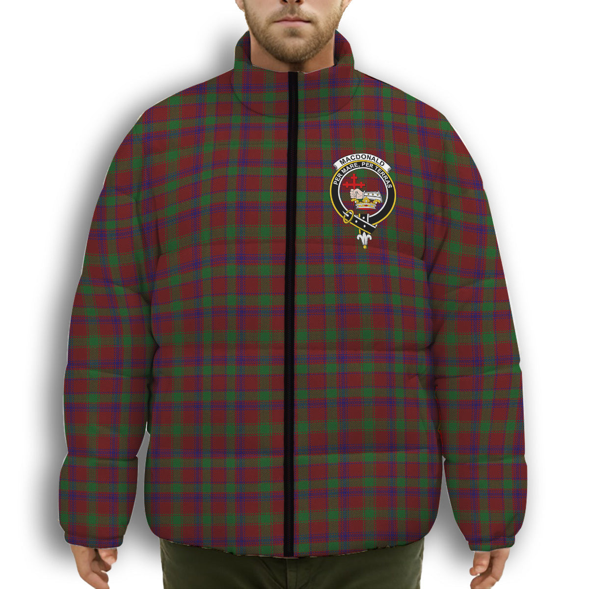 ScotsTee Shop Scottish MacDonald of Glengarry Full Dress Crest Tartan Collar Down Jacket Winter White Duck Down Plaid