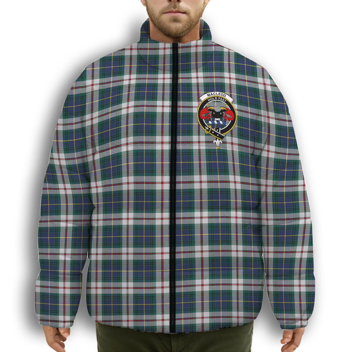 ScotsTee Shop Scottish MacLeod Of Californian Modern Crest Tartan Collar Down Jacket Winter White Duck Down Plaid