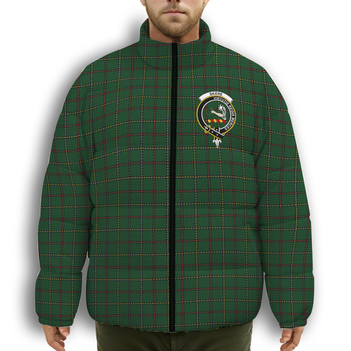 ScotsTee Shop Scottish Skene or Tribe of Mar Crest Tartan Collar Down Jacket Winter White Duck Down Plaid