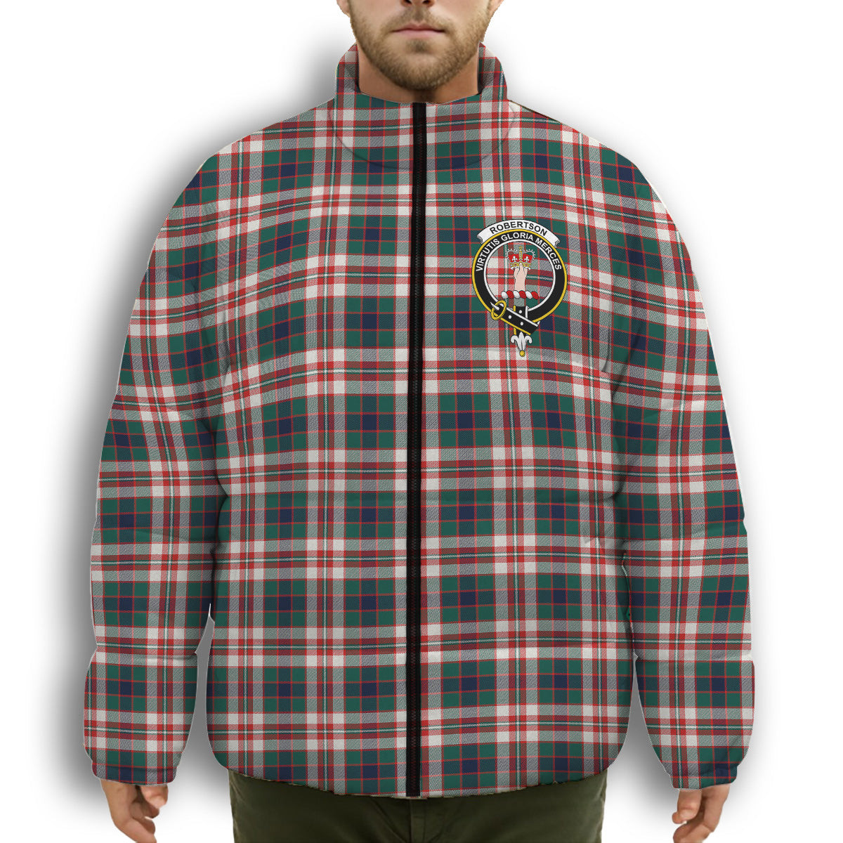 ScotsTee Shop Scottish Robertson Dress Modern Crest Tartan Collar Down Jacket Winter White Duck Down Plaid