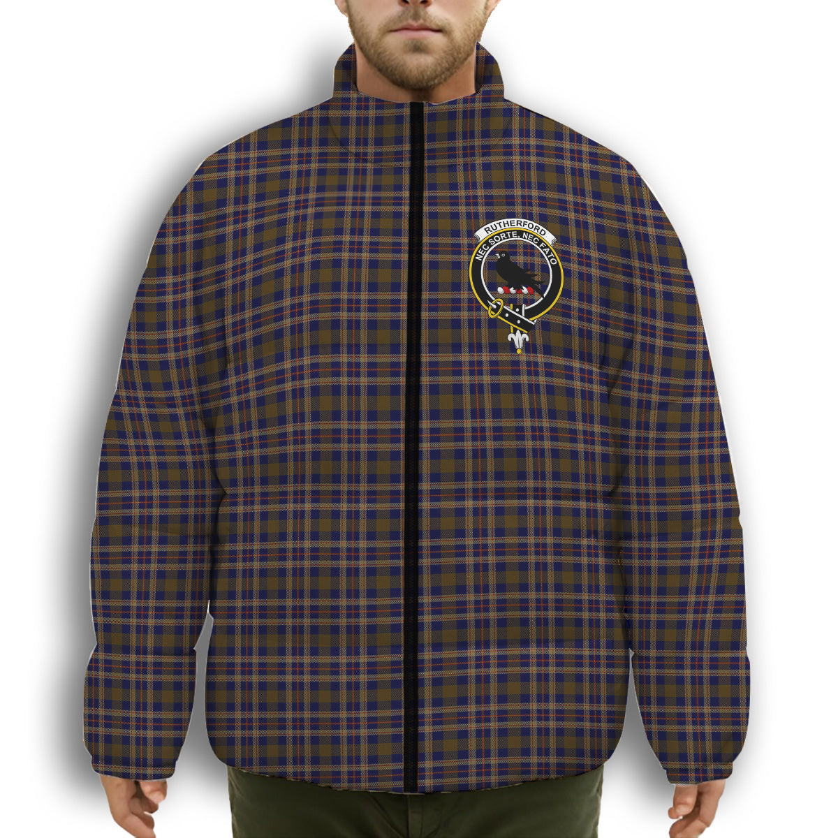 ScotsTee Shop Scottish Rutherford Simon Travis Alan Hunting Crest Tartan Collar Down Jacket Winter White Duck Down Plaid