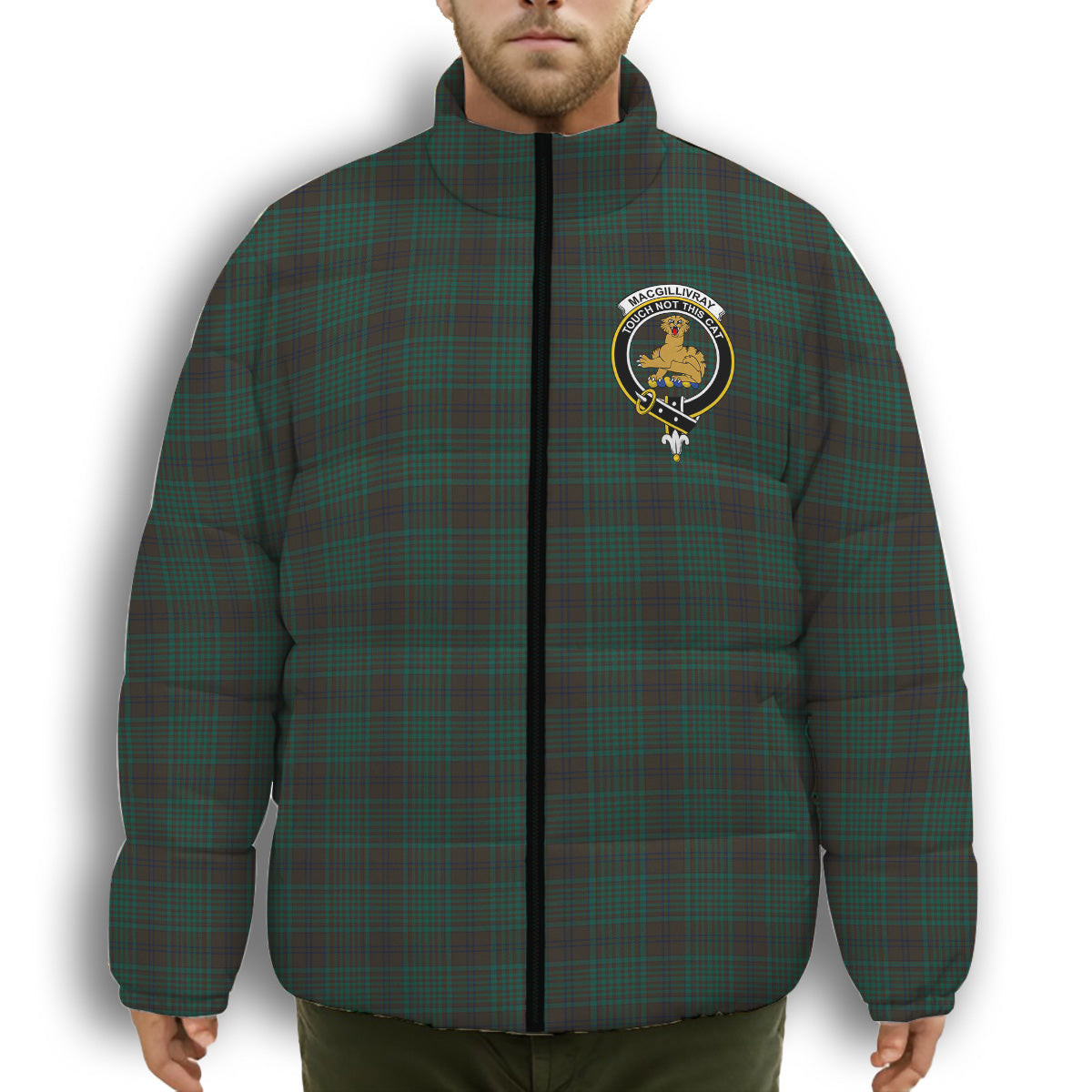 ScotsTee Shop Scottish MacGillivray Hunting Modern Crest Tartan Collar Down Jacket Winter White Duck Down Plaid