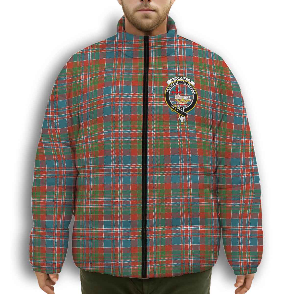 ScotsTee Shop Scottish McDonald of Boisdale Ancient Crest Tartan Collar Down Jacket Winter White Duck Down Plaid