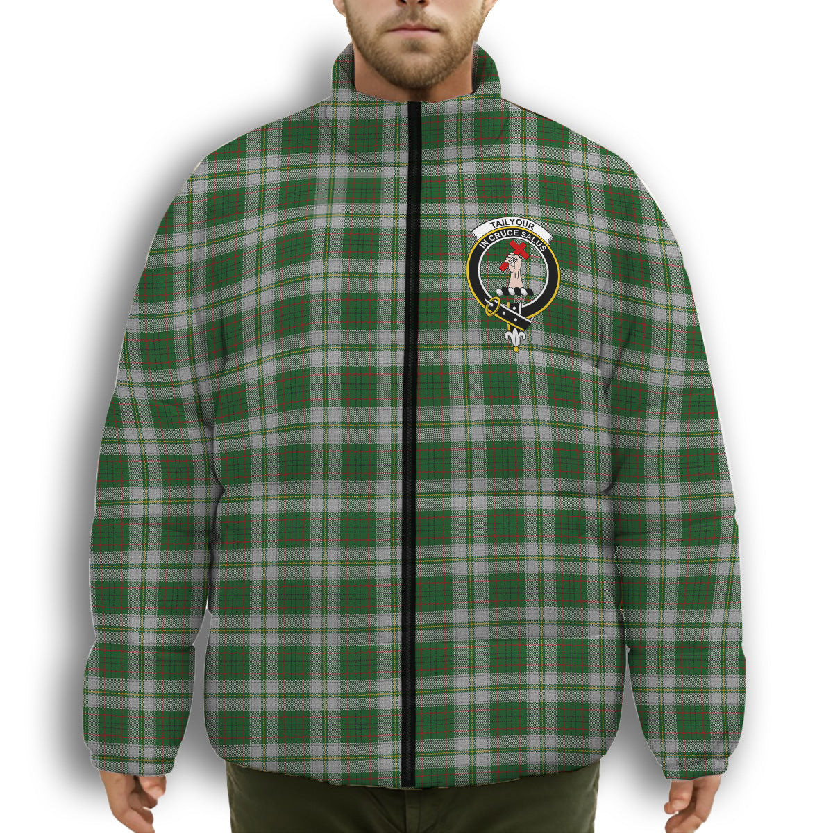 ScotsTee Shop Scottish Tailyour Dress Crest Tartan Collar Down Jacket Winter White Duck Down Plaid