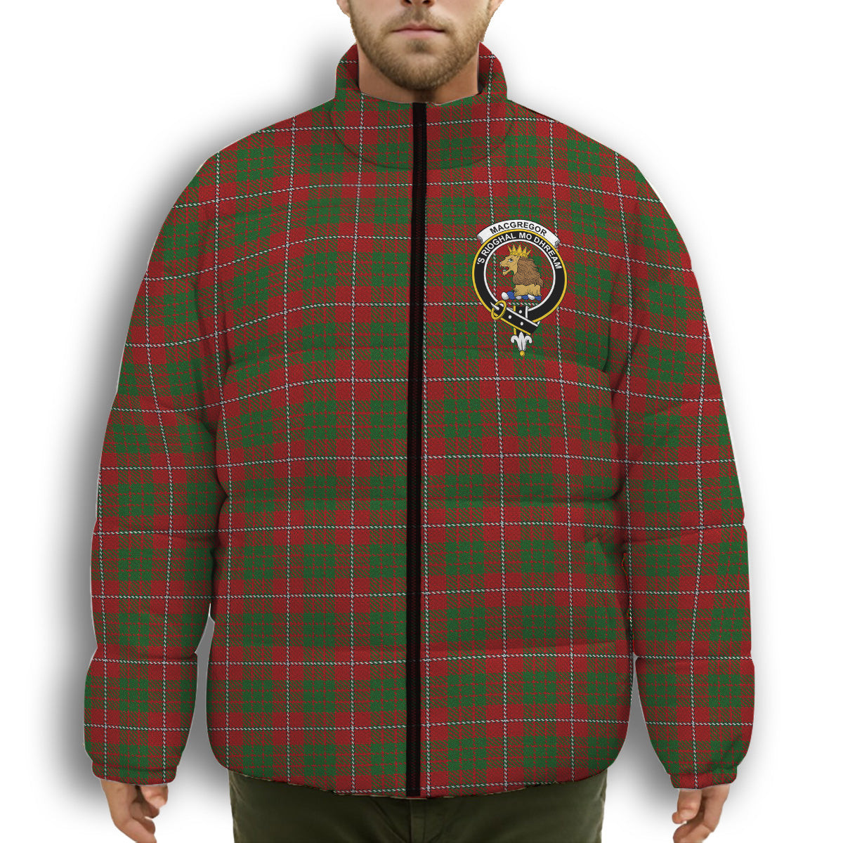 ScotsTee Shop Scottish MacGregor of Balquidder Crest Tartan Collar Down Jacket Winter White Duck Down Plaid