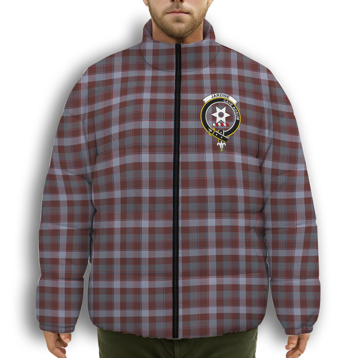 ScotsTee Shop Scottish Jardine of Castlemilk Modern Crest Tartan Collar Down Jacket Winter White Duck Down Plaid