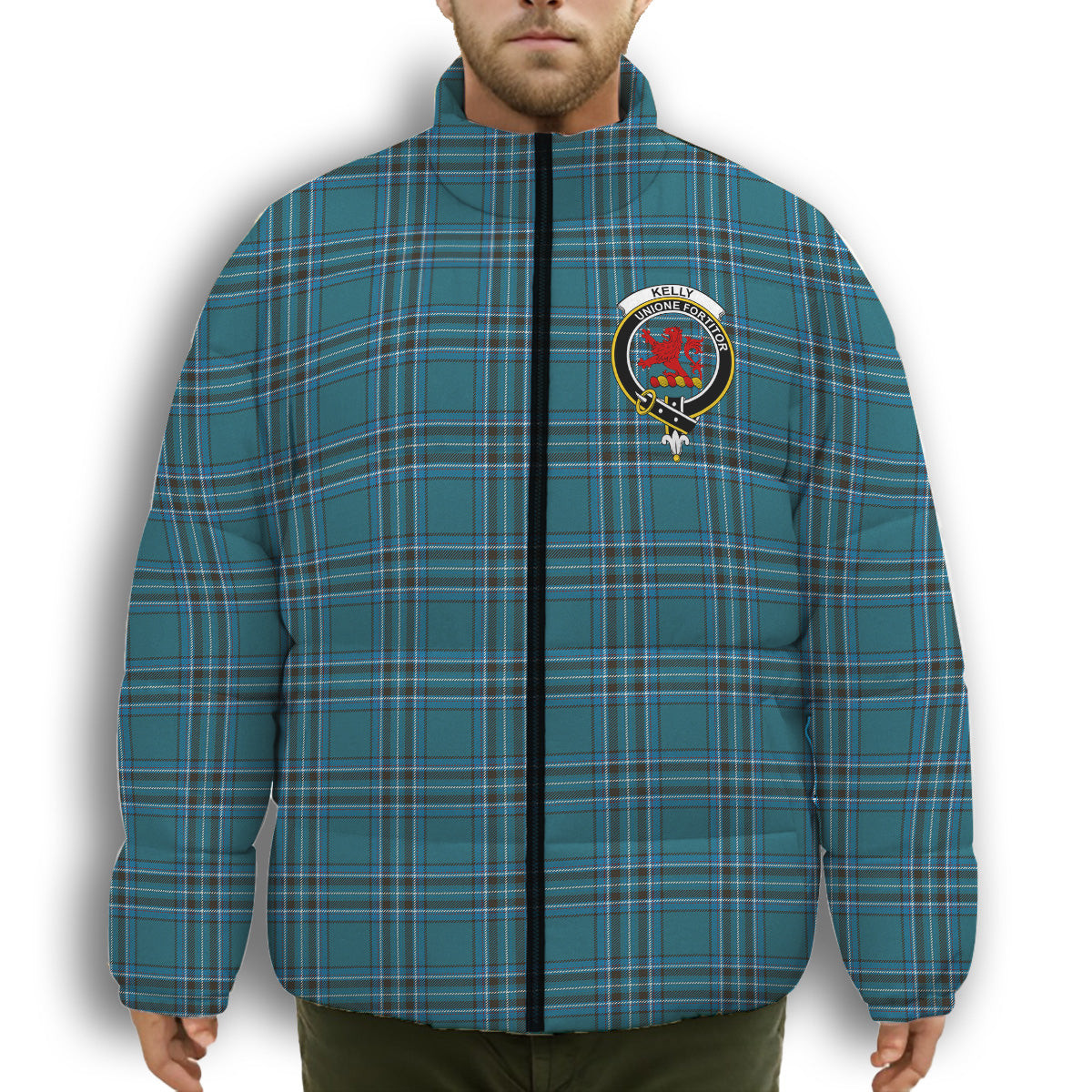 ScotsTee Shop Scottish Kelly Dress Modern Crest Tartan Collar Down Jacket Winter White Duck Down Plaid