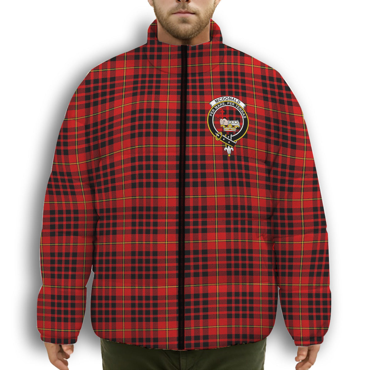 ScotsTee Shop Scottish McDonald of Ardnamurchan Modern Crest Tartan Collar Down Jacket Winter White Duck Down Plaid