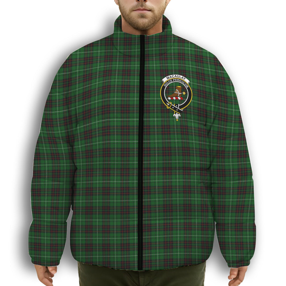 ScotsTee Shop Scottish MacAulay of Lewis Crest Tartan Collar Down Jacket Winter White Duck Down Plaid