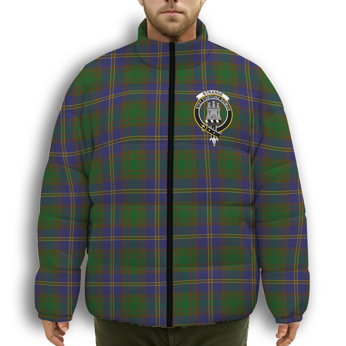 ScotsTee Shop Scottish Strange of Balkaskie Crest Tartan Collar Down Jacket Winter White Duck Down Plaid