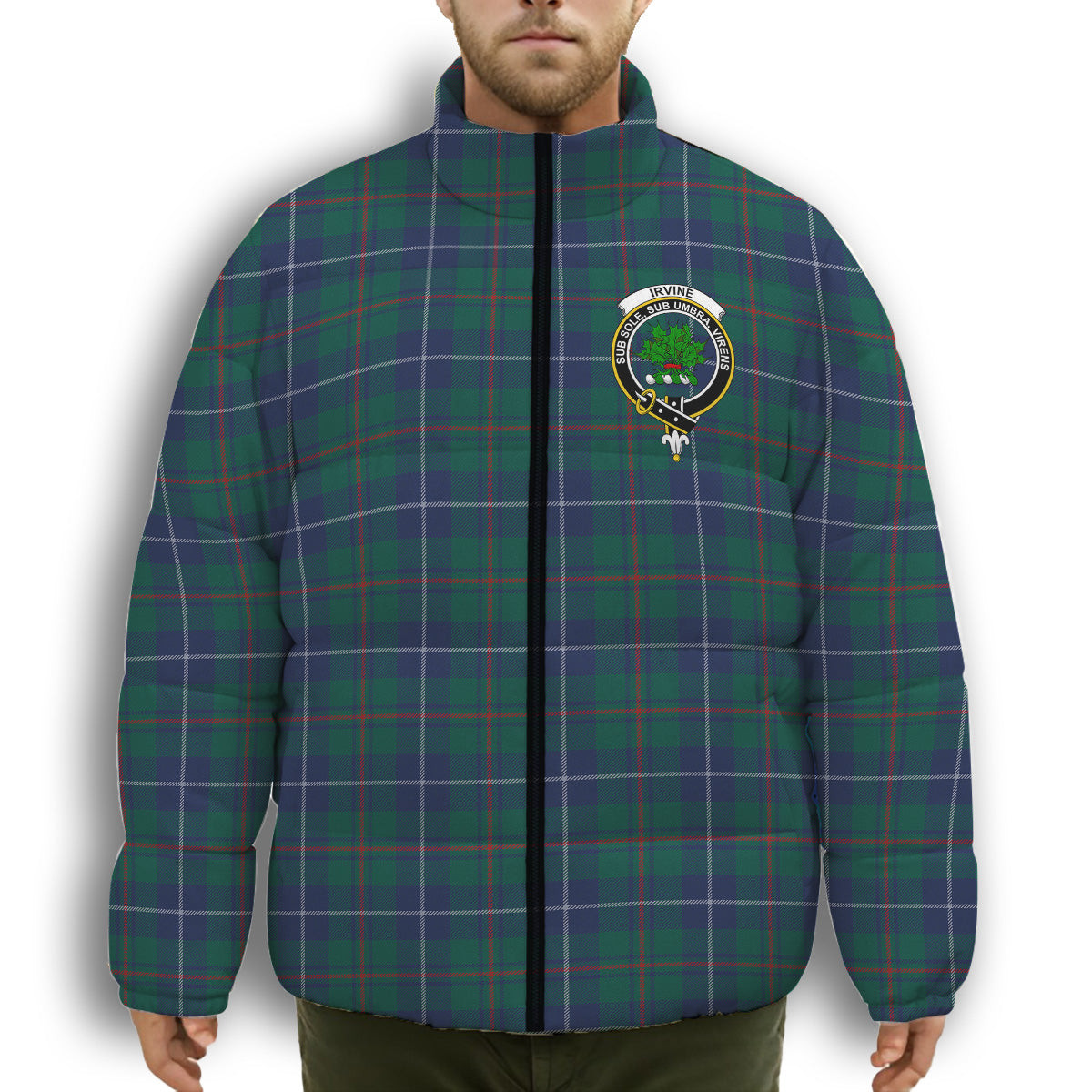 ScotsTee Shop Scottish Irvine of Bonshaw Tower Modern Crest Tartan Collar Down Jacket Winter White Duck Down Plaid
