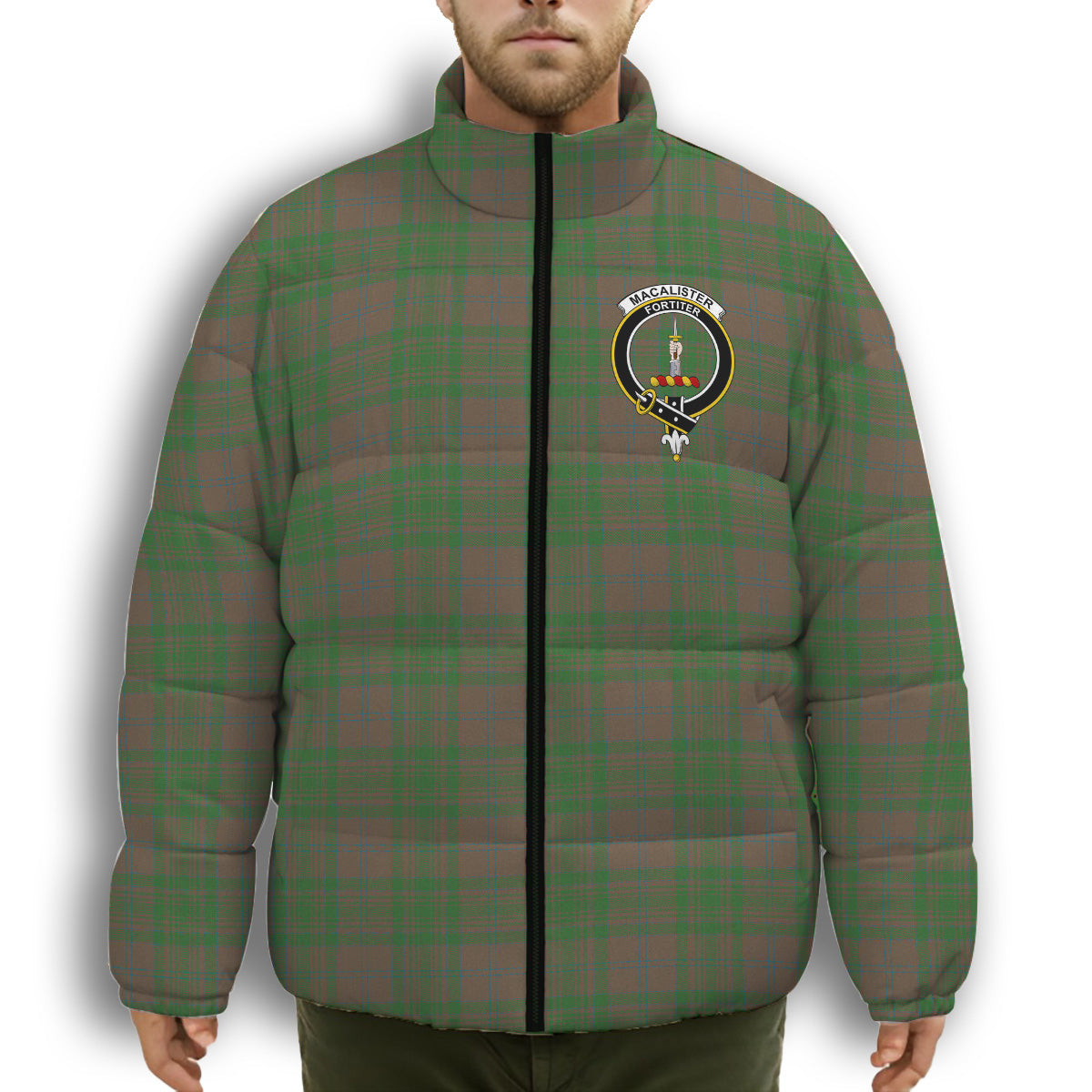 ScotsTee Shop Scottish MacAlister of Glenbarr Hunting Ancient Crest Tartan Collar Down Jacket Winter White Duck Down Plaid