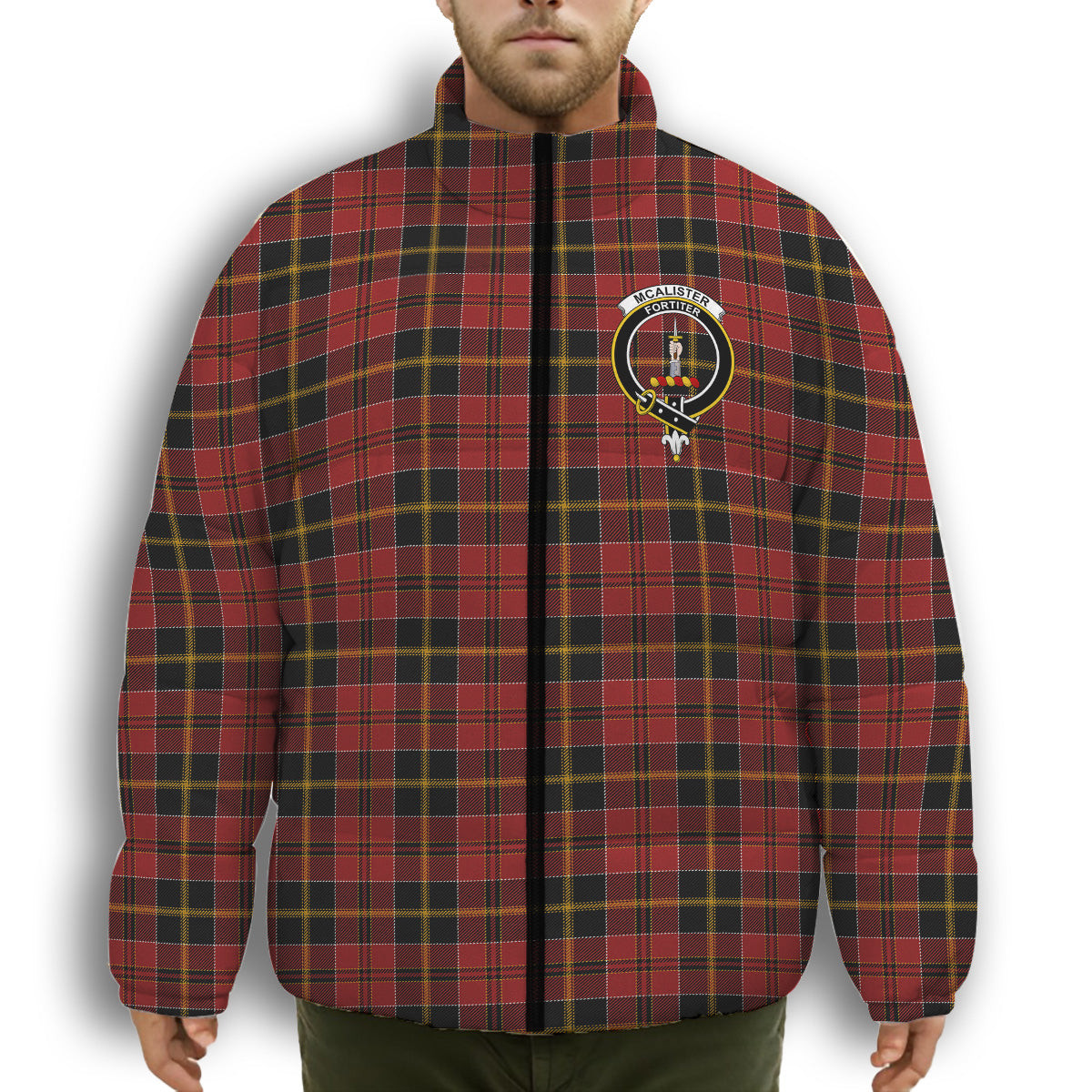 ScotsTee Shop Scottish McAlister of Skye Crest Tartan Collar Down Jacket Winter White Duck Down Plaid