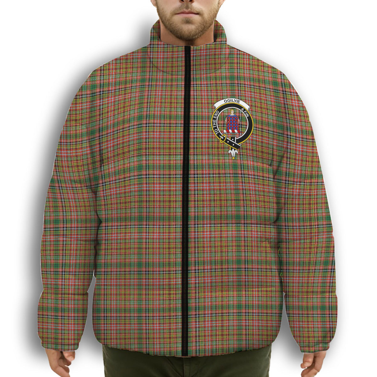 ScotsTee Shop Scottish Ogilvie (Ogilvy) of Strathallan Ancient Crest Tartan Collar Down Jacket Winter White Duck Down Plaid