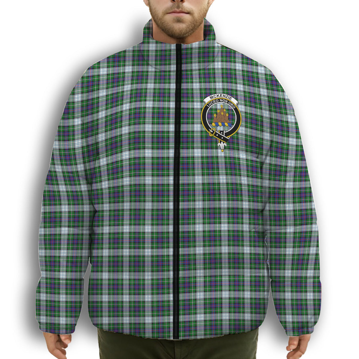 ScotsTee Shop Scottish McKenzie Dress Modern Crest Tartan Collar Down Jacket Winter White Duck Down Plaid