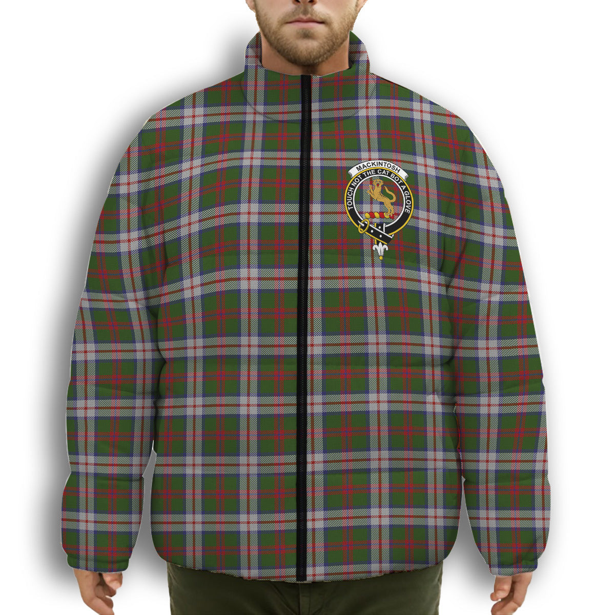 ScotsTee Shop Scottish MacKintosh Dress Scott Adie Crest Tartan Collar Down Jacket Winter White Duck Down Plaid