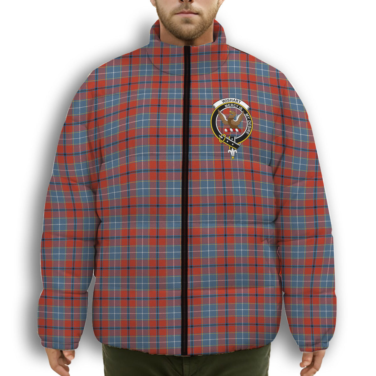 ScotsTee Shop Scottish Wishart Dress Ancient Crest Tartan Collar Down Jacket Winter White Duck Down Plaid