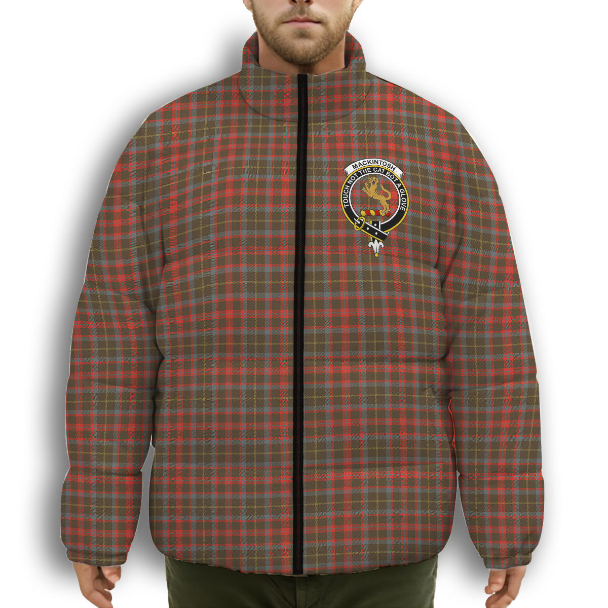 ScotsTee Shop Scottish MacKintosh Hunting Weathered Crest Tartan Collar Down Jacket Winter White Duck Down Plaid