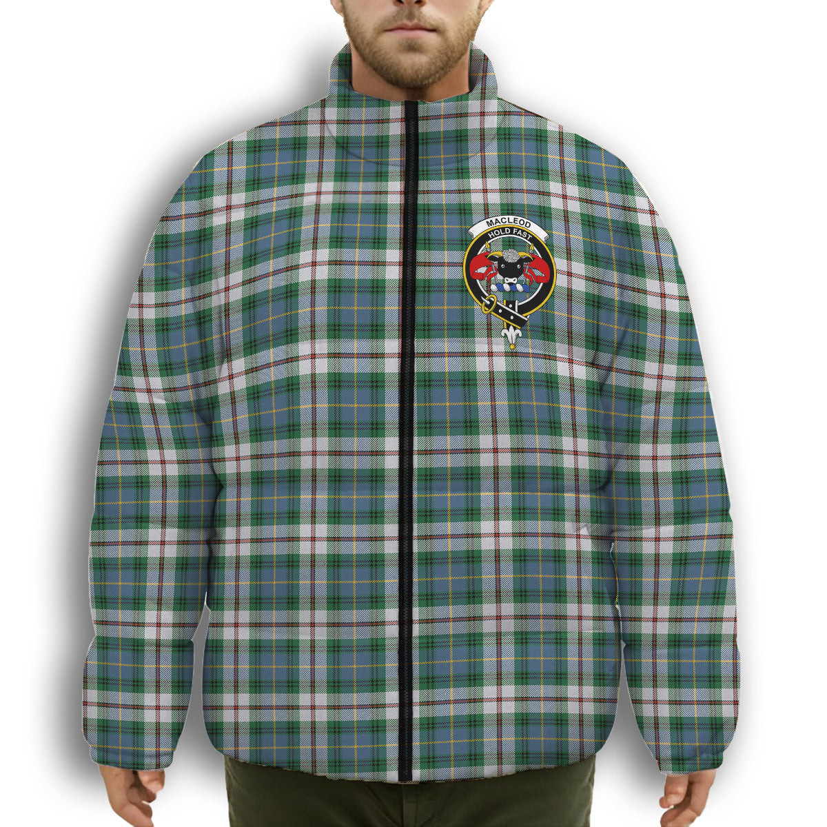 ScotsTee Shop Scottish MacLeod Of Californian Ancient Crest Tartan Collar Down Jacket Winter White Duck Down Plaid