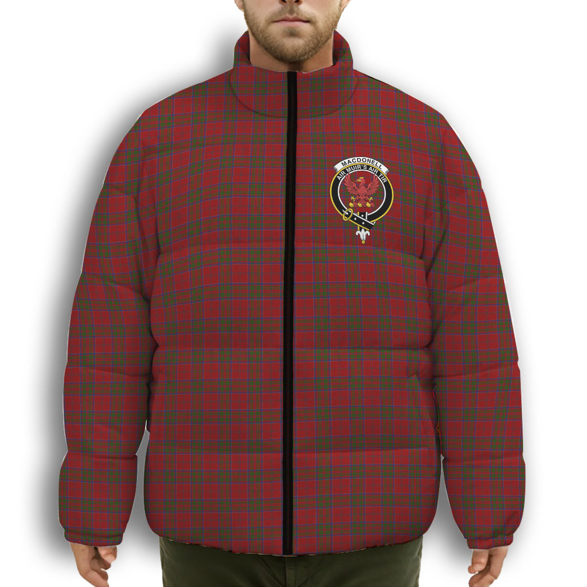 ScotsTee Shop Scottish MacDonell of Keppoch Crest Tartan Collar Down Jacket Winter White Duck Down Plaid