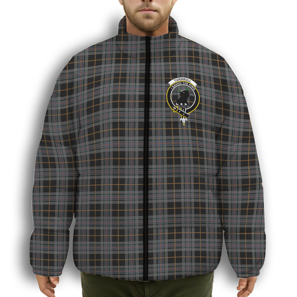 ScotsTee Shop Scottish Turnbull, Dress Bruce Crest Tartan Collar Down Jacket Winter White Duck Down Plaid