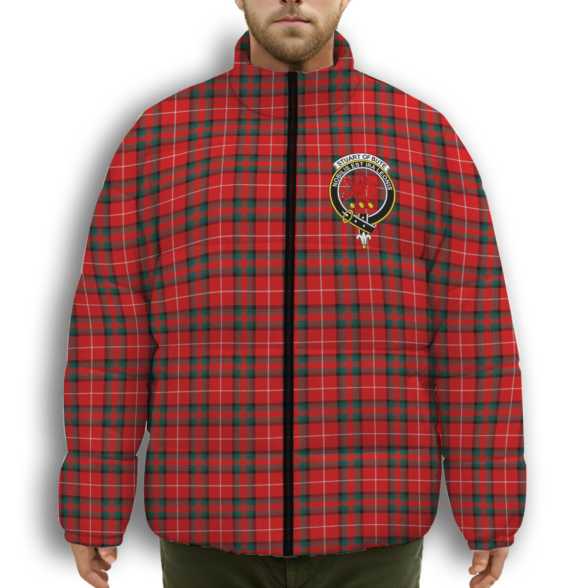 ScotsTee Shop Scottish Stuart Of Bute Modern Crest Tartan Collar Down Jacket Winter White Duck Down Plaid