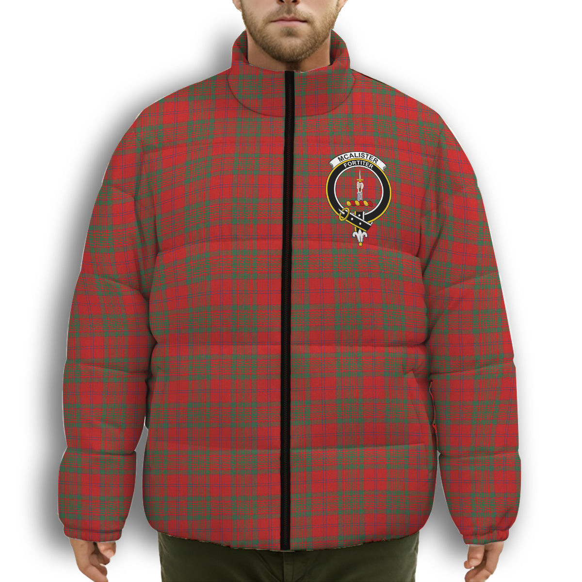 ScotsTee Shop Scottish McAlister of Glenbarr Modern Crest Tartan Collar Down Jacket Winter White Duck Down Plaid
