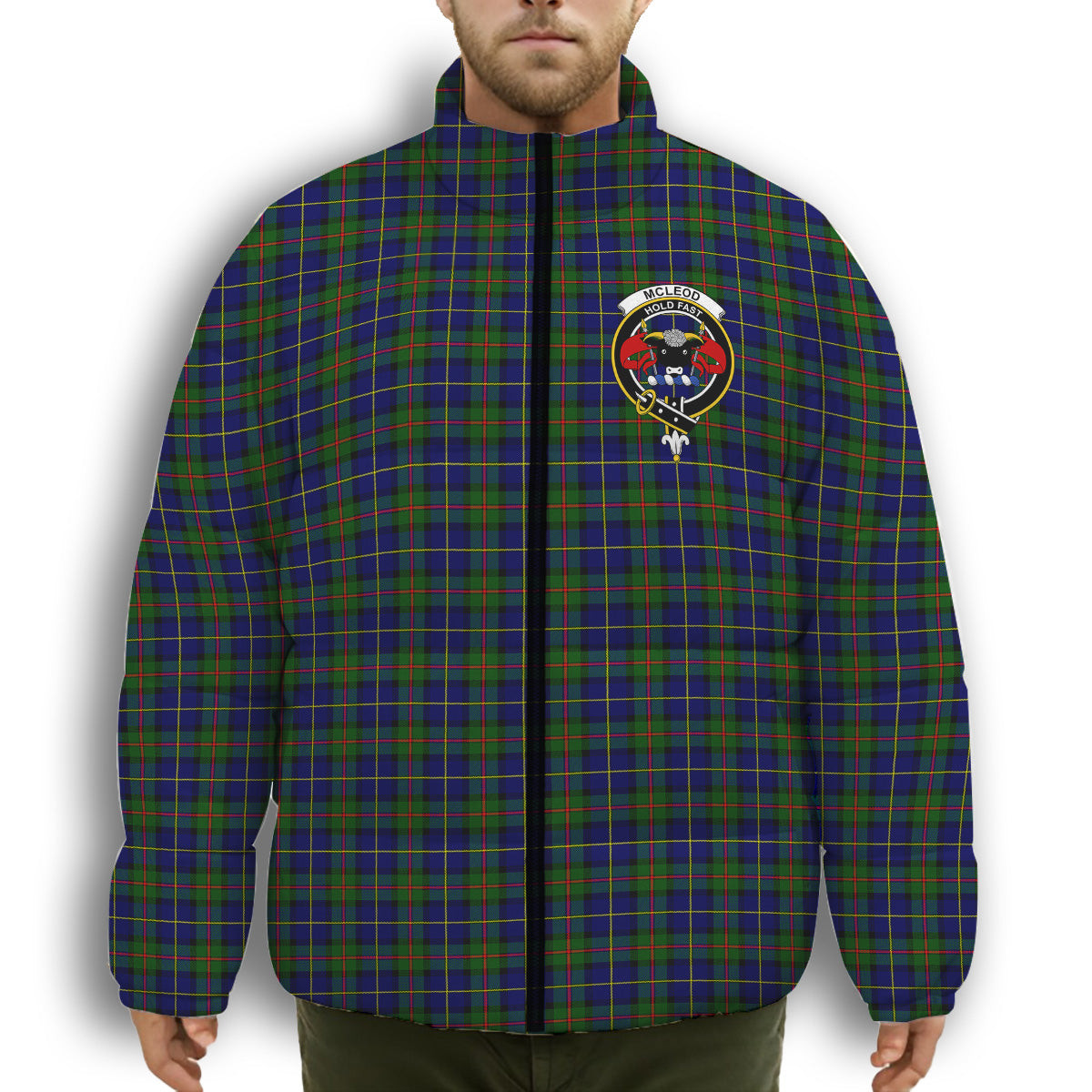 ScotsTee Shop Scottish McLeod of Harris Modern Crest Tartan Collar Down Jacket Winter White Duck Down Plaid