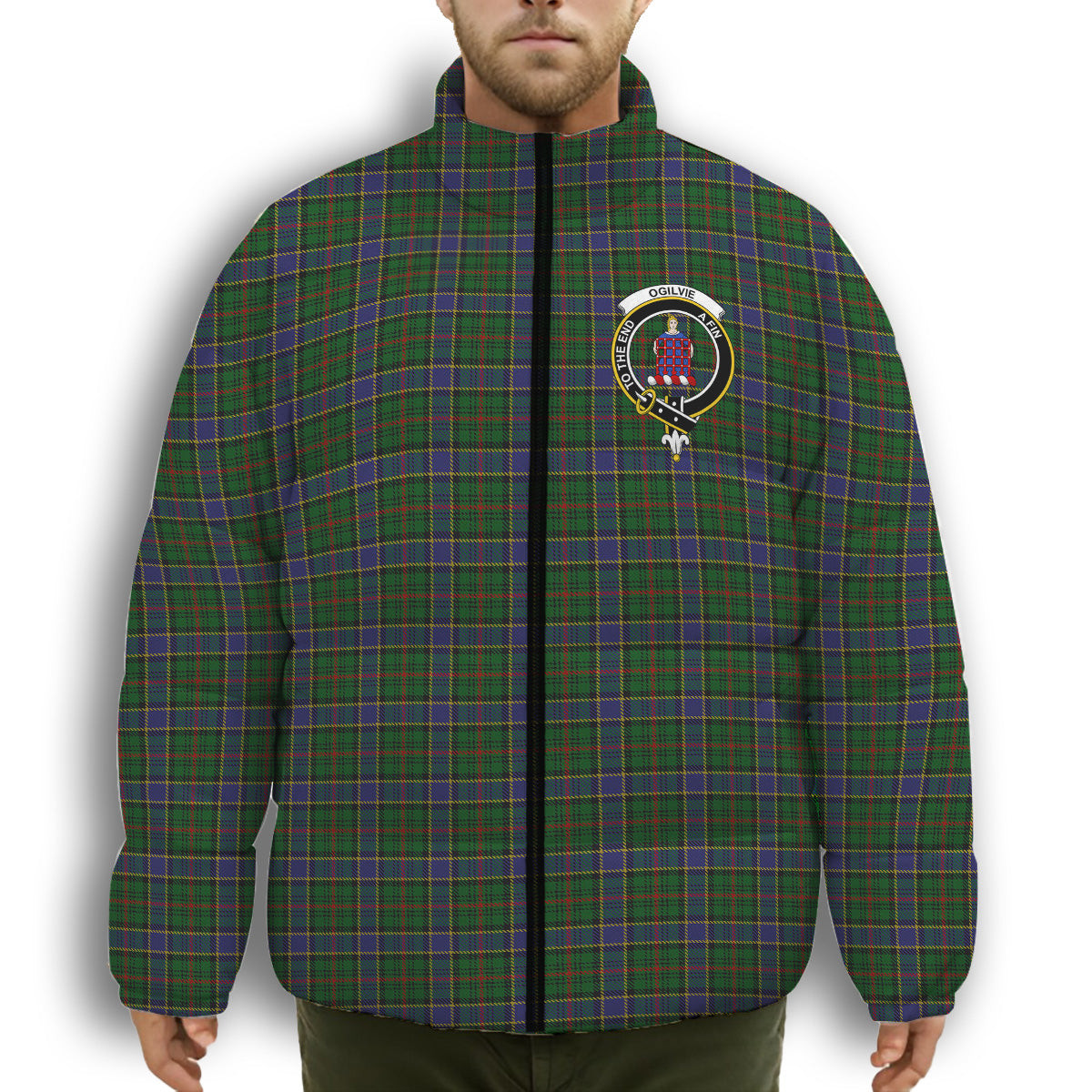 ScotsTee Shop Scottish Ogilvie of Inverarity Wilsons_ Crest Tartan Collar Down Jacket Winter White Duck Down Plaid