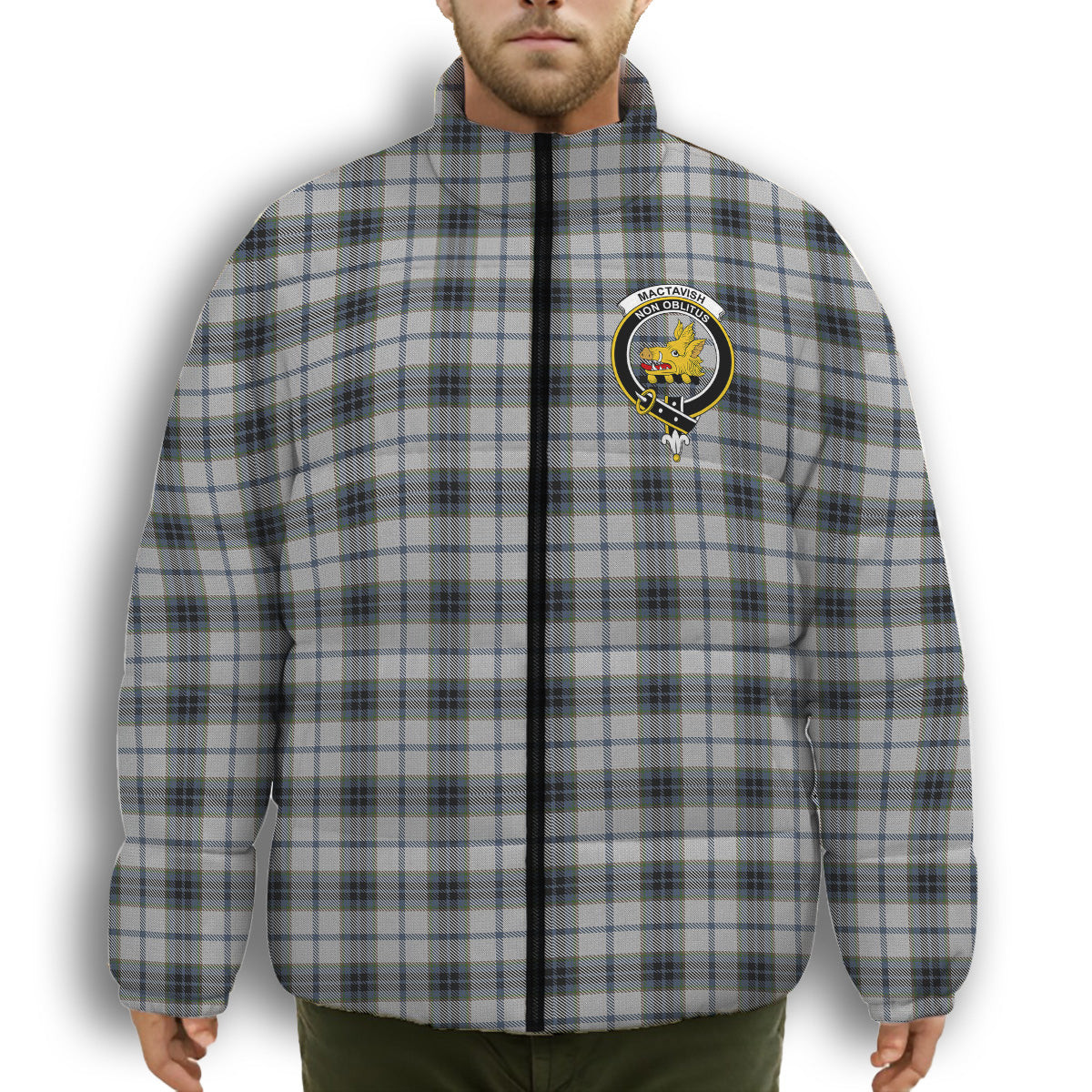 ScotsTee Shop Scottish MacTavish of Dunardry Dress Crest Tartan Collar Down Jacket Winter White Duck Down Plaid