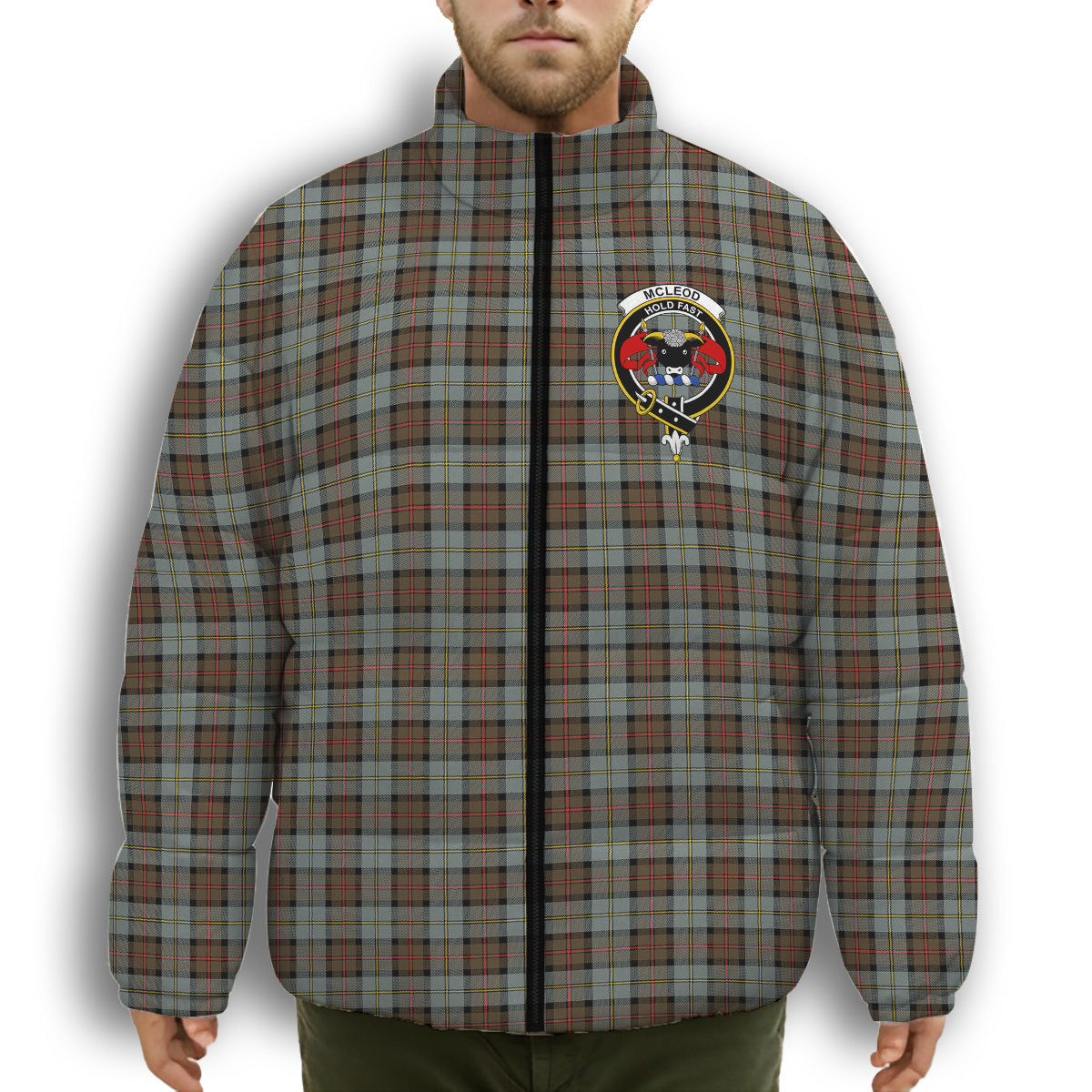 ScotsTee Shop Scottish McLeod of Harris Weathered Crest Tartan Collar Down Jacket Winter White Duck Down Plaid