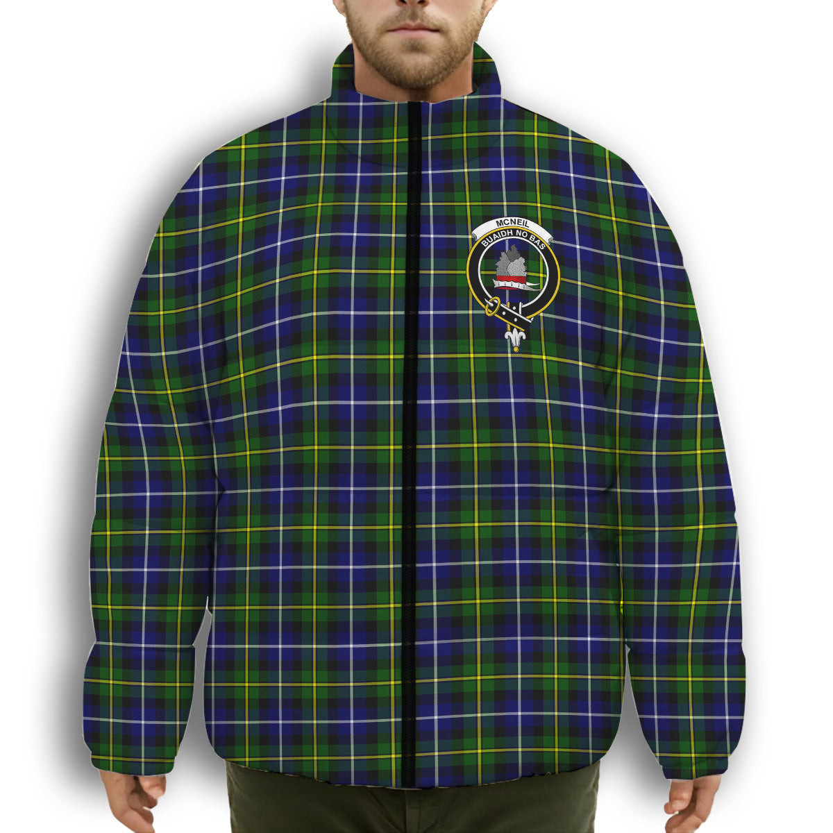 ScotsTee Shop Scottish McNeil of Barra Modern Crest Tartan Collar Down Jacket Winter White Duck Down Plaid