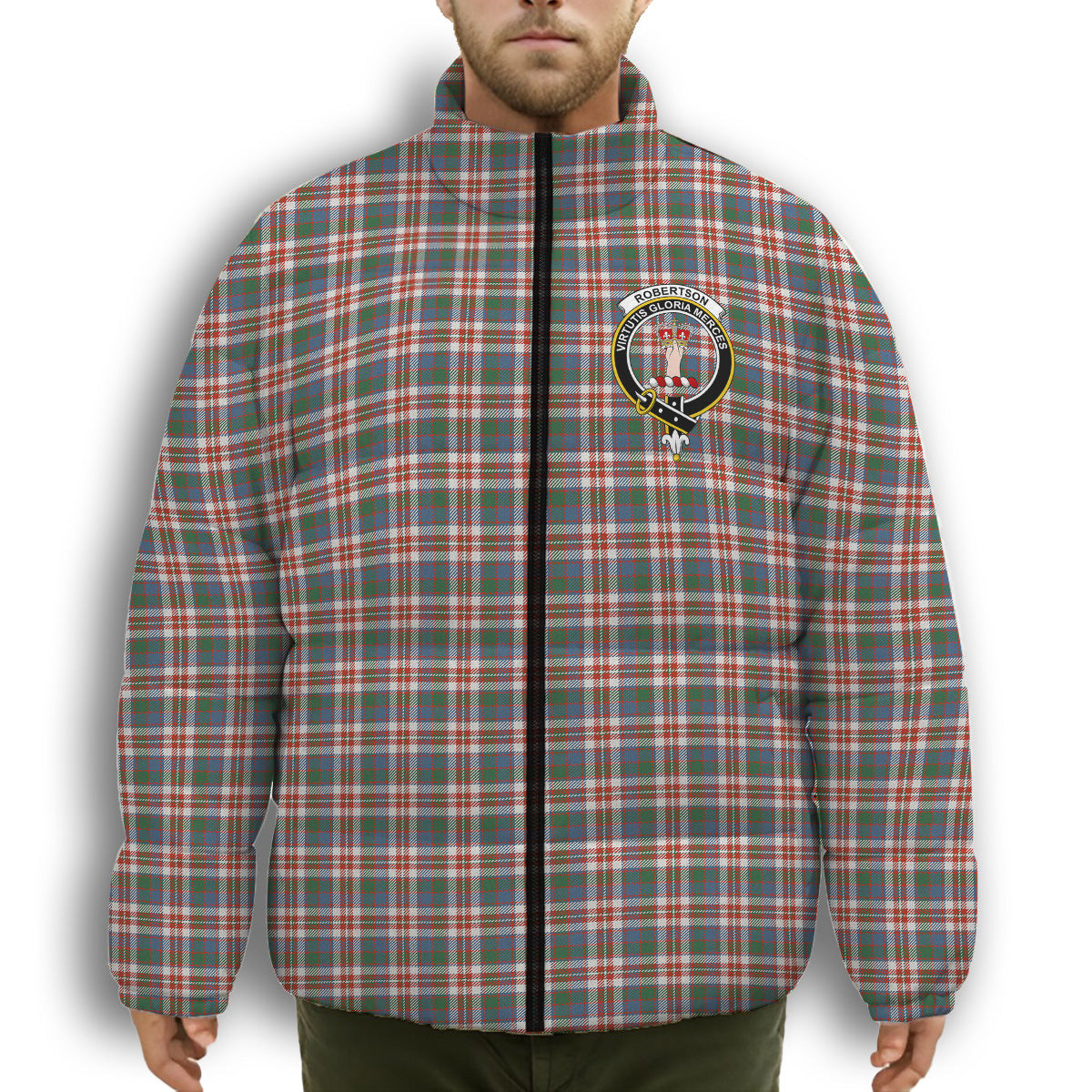 ScotsTee Shop Scottish Robertson Dress #2 Ancient Crest Tartan Collar Down Jacket Winter White Duck Down Plaid