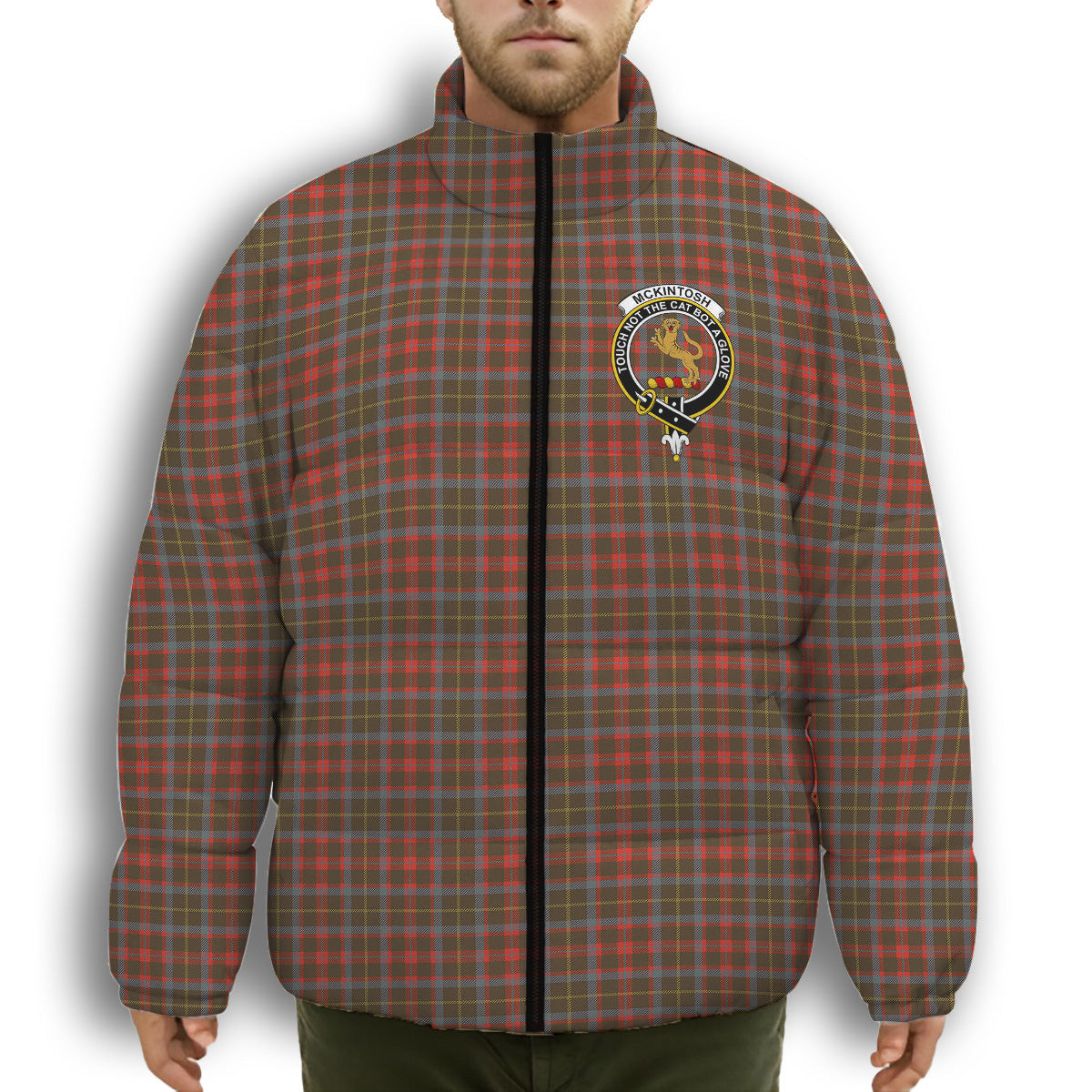ScotsTee Shop Scottish McKintosh Hunting Weathered Crest Tartan Collar Down Jacket Winter White Duck Down Plaid