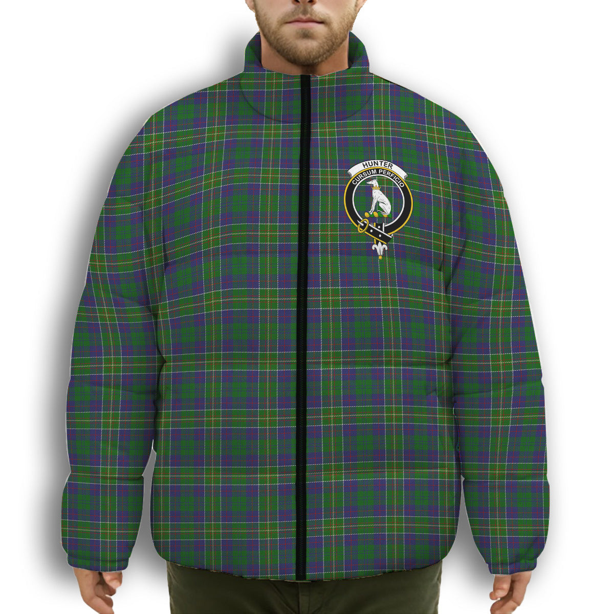 ScotsTee Shop Scottish Hunter of Hunterston Crest Tartan Collar Down Jacket Winter White Duck Down Plaid