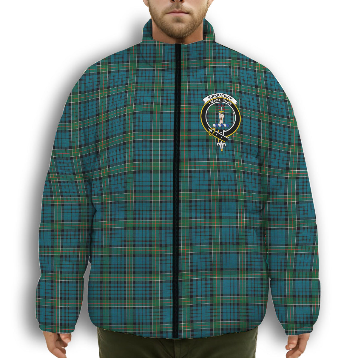 ScotsTee Shop Scottish Kirkpatrick Crest Tartan Collar Down Jacket Winter White Duck Down Plaid