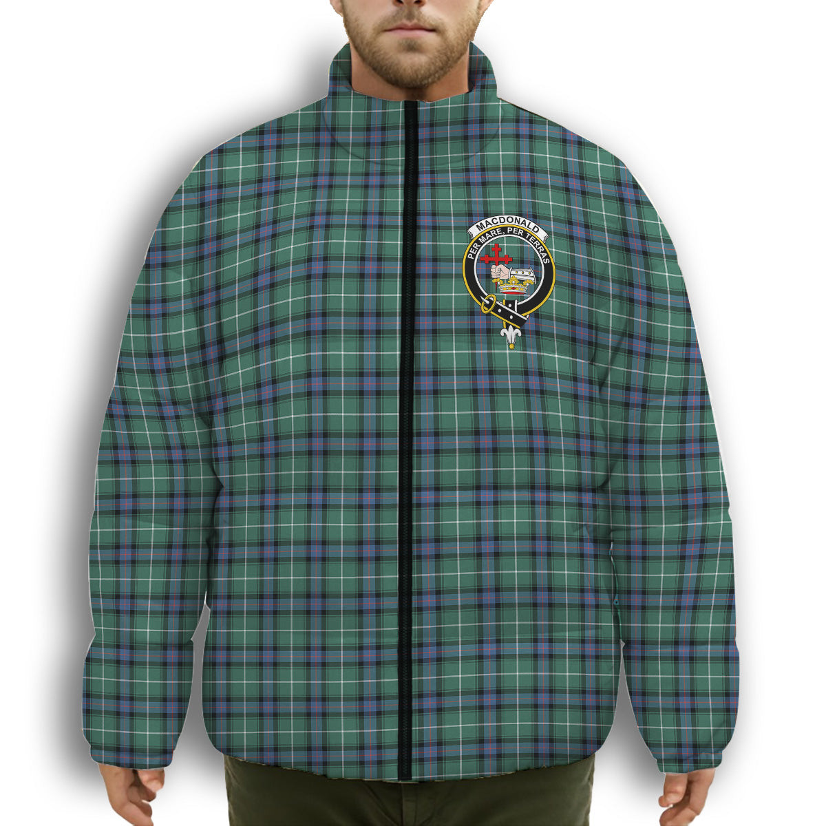 ScotsTee Shop Scottish MacDonald of the Isles Hunting Ancient Crest Tartan Collar Down Jacket Winter White Duck Down Plaid