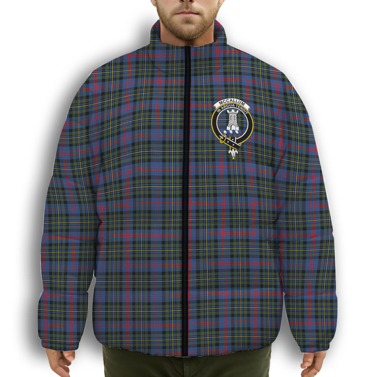 ScotsTee Shop Scottish McCallum of Berwick Modern Crest Tartan Collar Down Jacket Winter White Duck Down Plaid