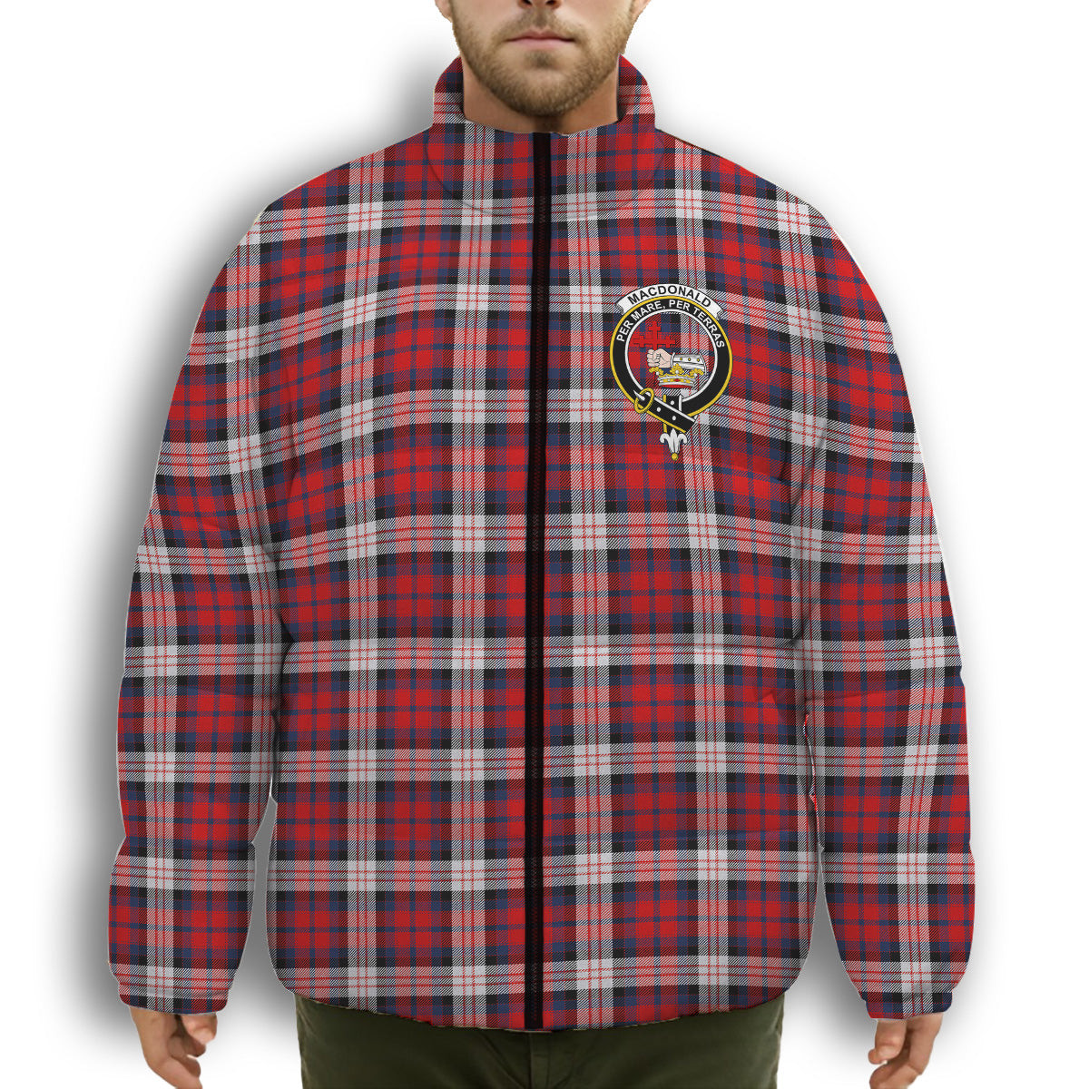 ScotsTee Shop Scottish MacDonald Dress Irish Modern Crest Tartan Collar Down Jacket Winter White Duck Down Plaid